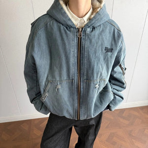 Fur Lined Hooded Denim Jacket