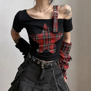 Grunge Plaid Star Patch Top