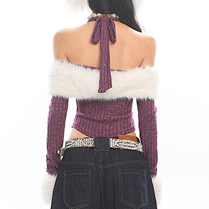 Y2K Fuzzy Off Shoulder Knit Top
