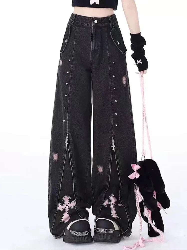 Grunge Cross Zip-Up Jeans
