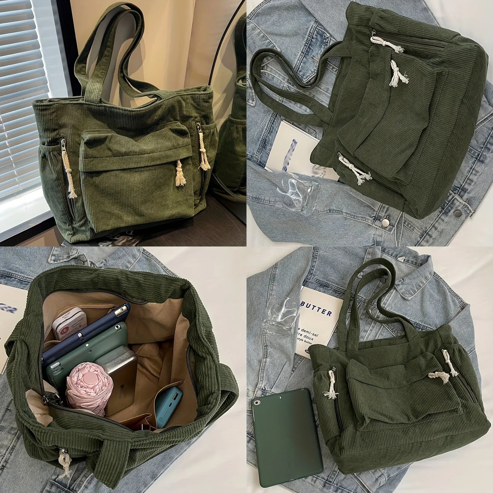 Multi Pocket Corduroy Tote Bag