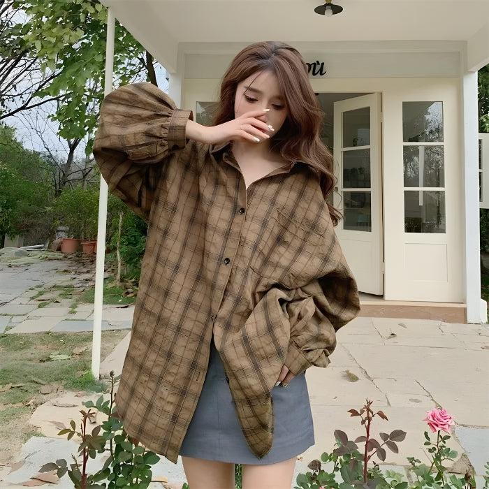 Puff Sleeved Plaid Shirt