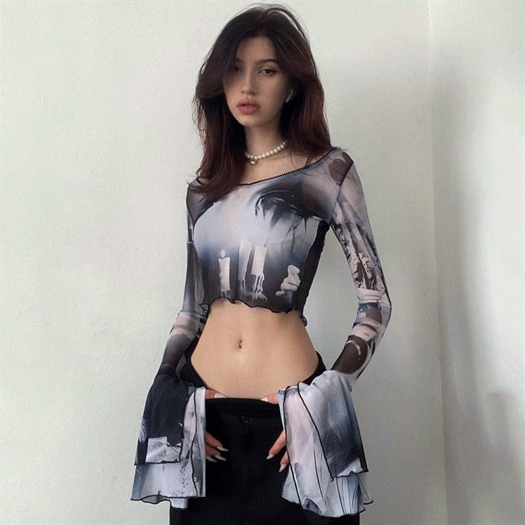Futuristic Flare Sleeves Mesh Top