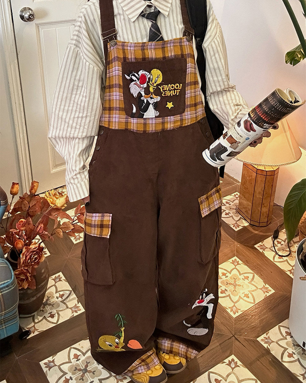 Brown Corduroy 90s Cartoon Dungarees