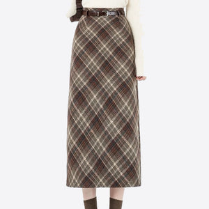 Coffee Cream Plaid Midi Skirt