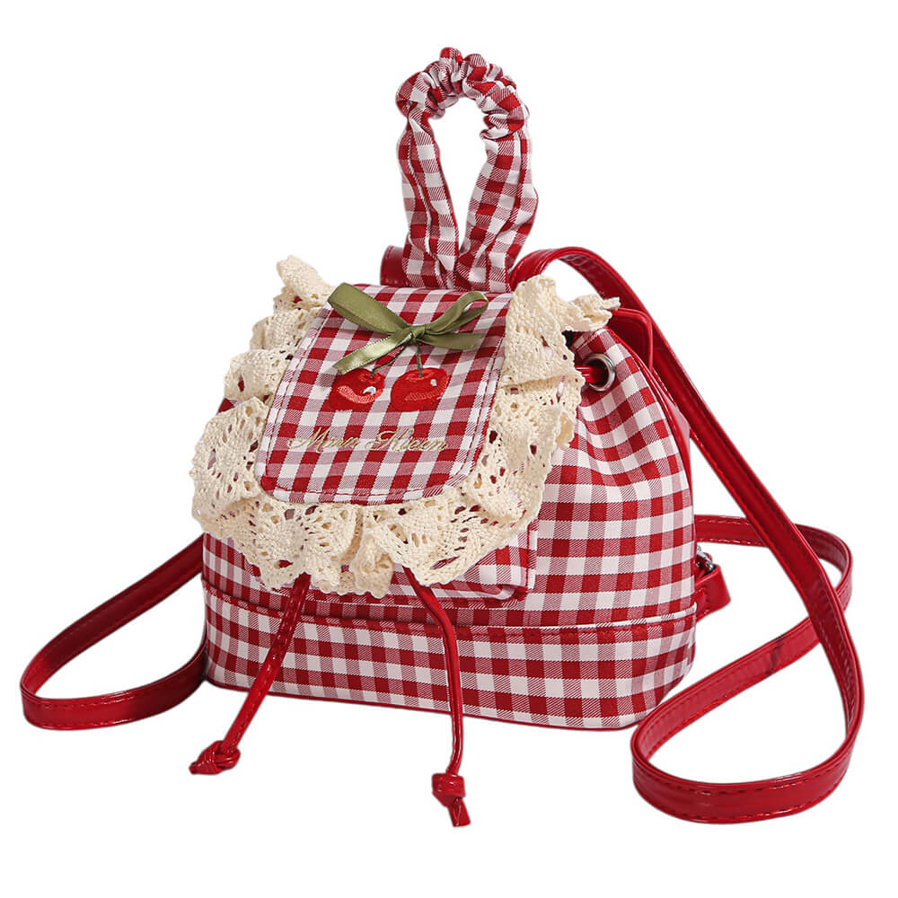 Cherry Embroidery Gingham Backpack