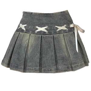 Fairy Grunge Lace Up Denim Pleated Skirt