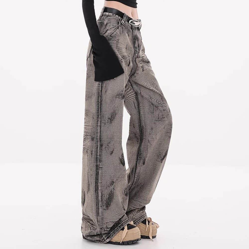 Grunge Aesthetic Wide-Leg Jeans in Grey
