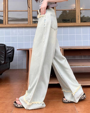 Light Blue Frayed Wide-Leg Jeans