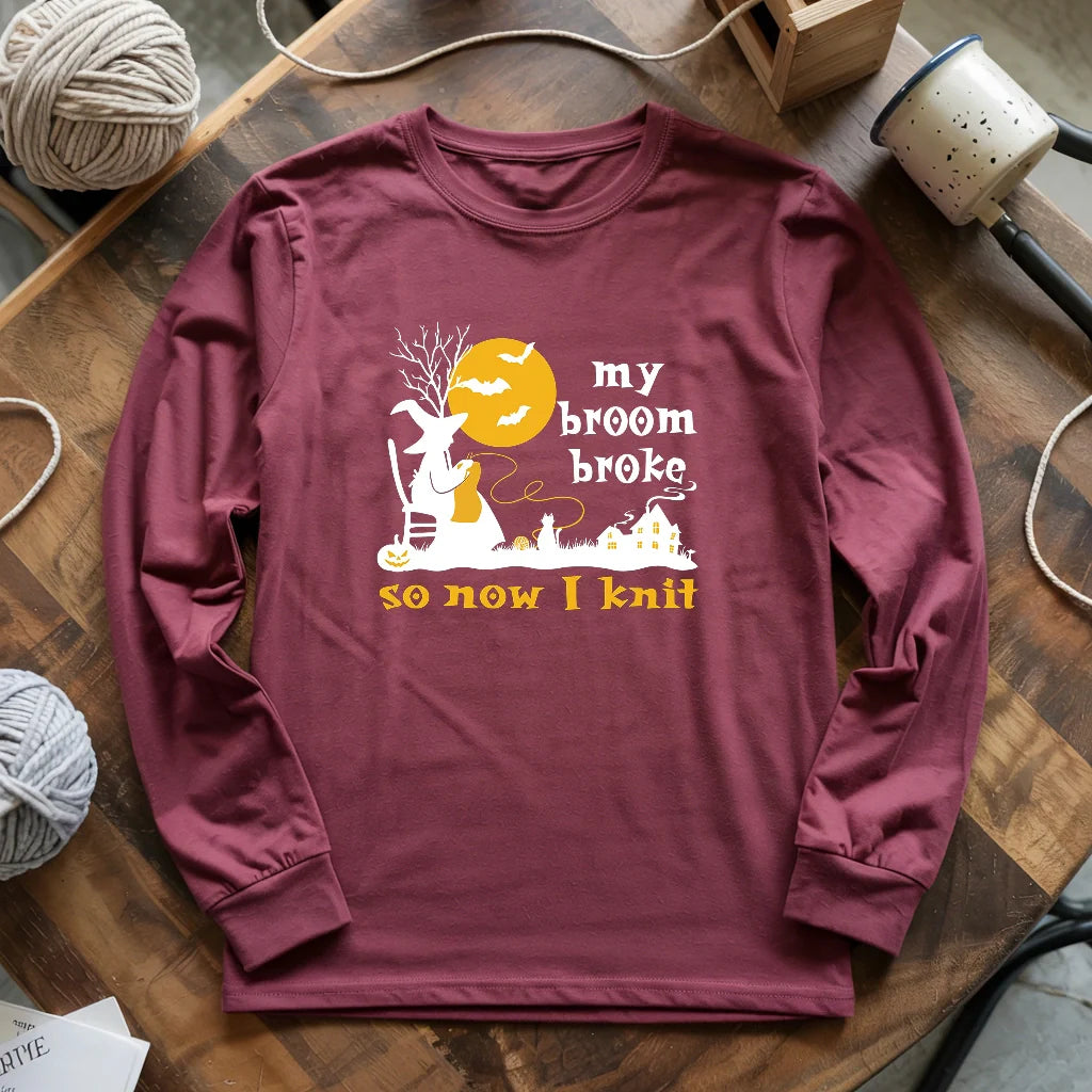 Broom Broke Knitting Witch Long Sleeve T-shirt