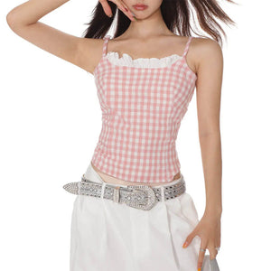 Pink Gingham Lace Trim Cami Top