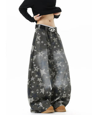 Oversized Star Pattern Wide Leg Jeans
