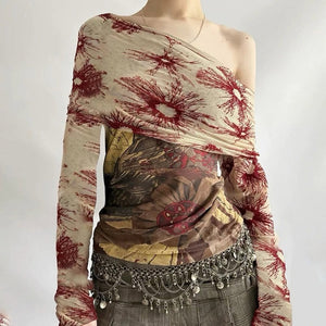 Sun Print Mesh Off-Shoulder Top
