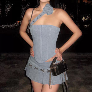 Y2K Asymmetrical Top & Pleated Mini Skirt Co-Ord