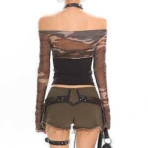 Y2K Camo Off Shoulder Mesh Top